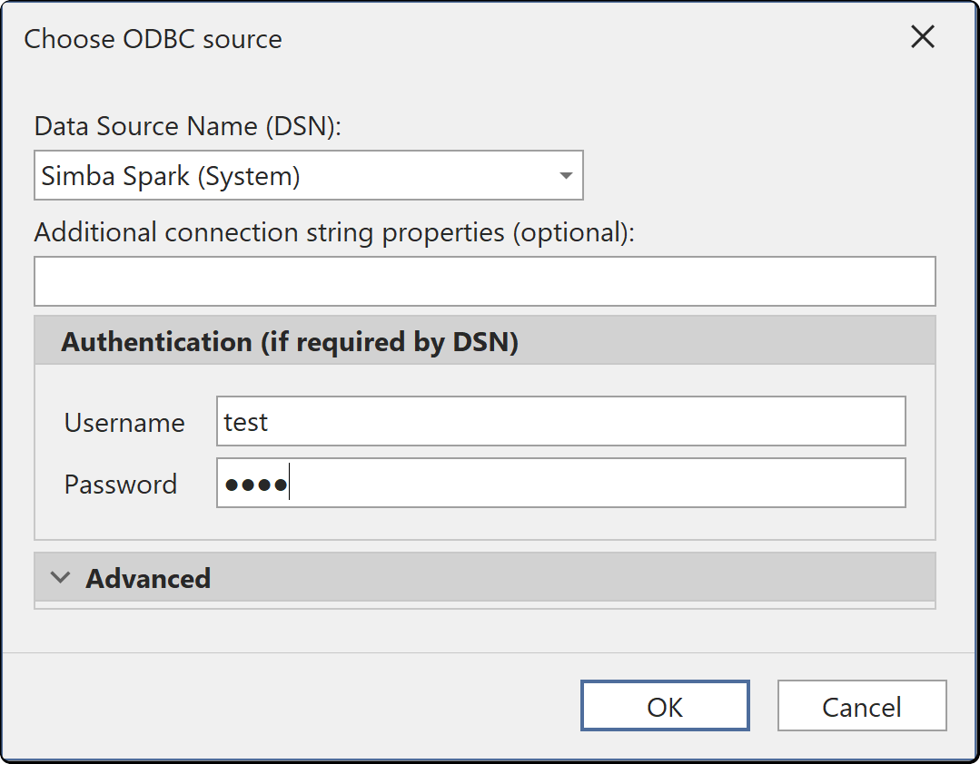 The Choose ODBC source dialog, with a system DSN selected and a user name and password filled in
