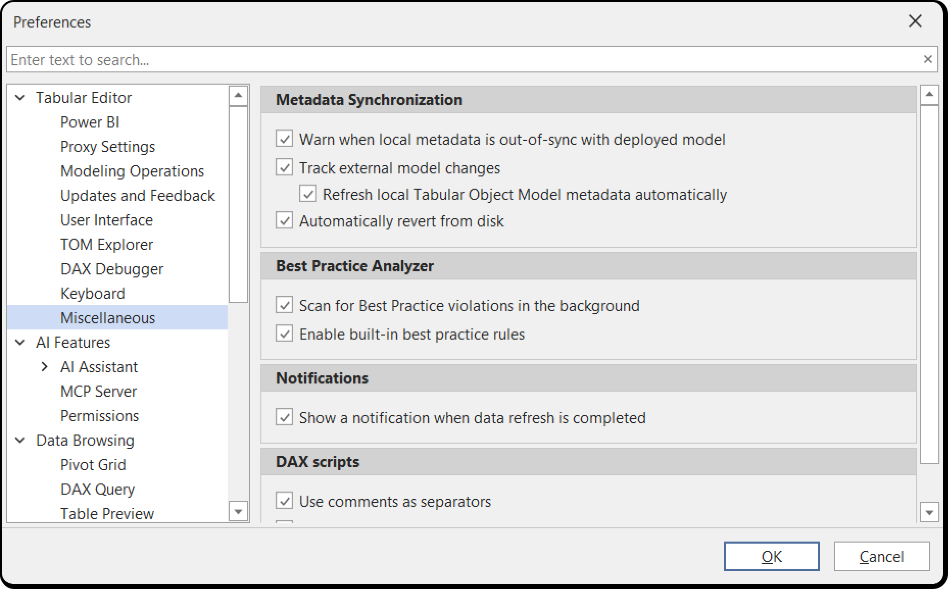 Tools > Preferences > Tabular Editor > Miscellaneous, showing the automatic reload setting under Metadata Synchronization