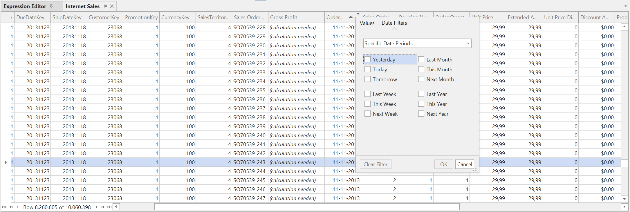 Table Preview of the Internet Sales table with the filter dropdown of a date column open