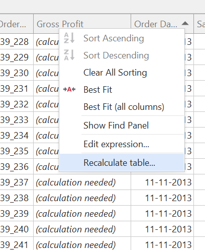 Column header right-click menu in the Table Preview with Recalculate table selected, above cells that read calculation needed