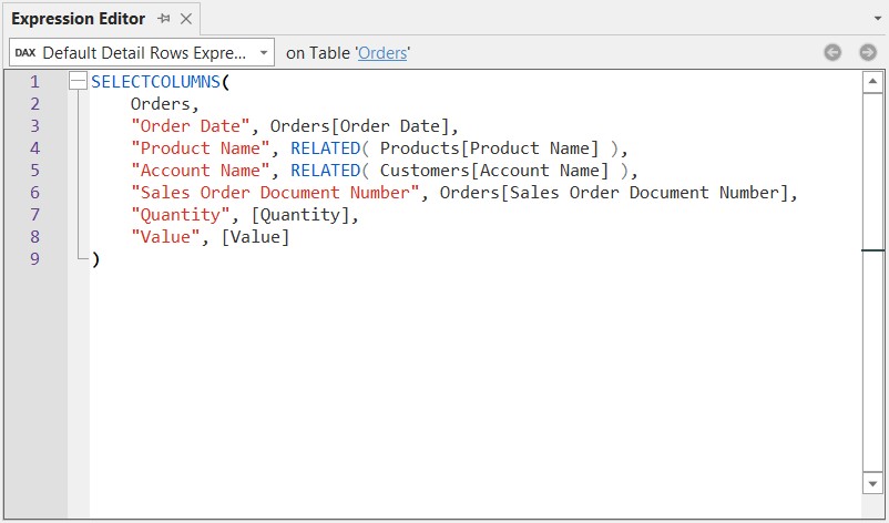 The SELECTCOLUMNS expression entered in the Expression Editor, targeting the Orders table
